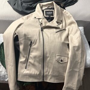 Guess Cream Colored Men’s Leather Moto Jacket-size Medium